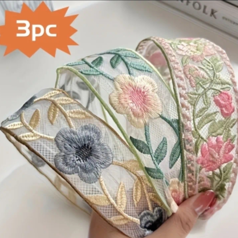 Floral Embroidered Kids Headbands - 3 Pack